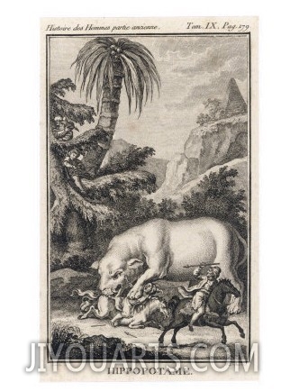 An Extraordinary Depiction of a Hippopotamus Savaging Hunters in an Exotic Landscape