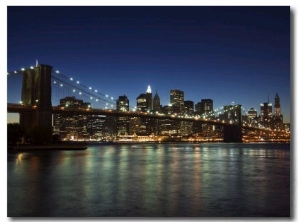 Manhattan Skyline and Brooklyn Bridge at Dusk, New York City, New York, USA