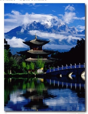 Pagoda Reflected in Black Dragon Pool in Front of Jade Dragon Snow Mountain, Lijiang, China