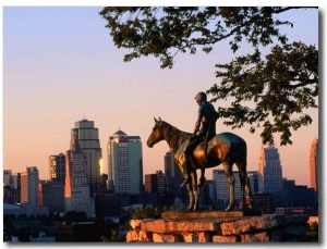 City Skyline Seen from Penn Valley Park, with Indian Statue in Foreground, Kansas City, Missouri