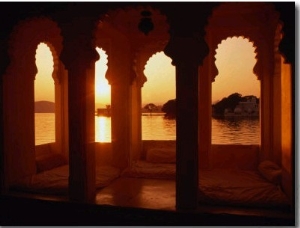 Sunset Over Lake Pichola Seen Through Arch Windows of Jagat Niwas Hotel, Udaipur, Rajasthan, India