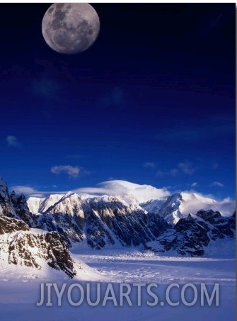 High Moon Over the Ruth Ampitheatre on Ruth Glacier, Denali National Park & Preserve, Alaska, USA