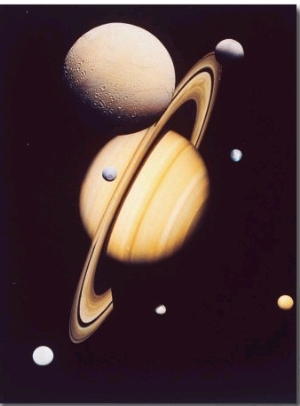 Montage of Saturn and Satellites Taken by Voyager 1 and 2, Titan Iapetus and Tethys Mimas and Rhea