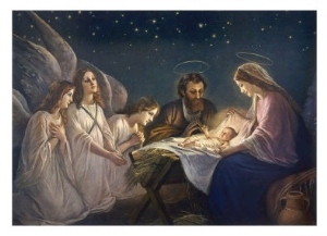 Joseph and Mary Admiring Their Son are Joined by a Trio of Angels Who are No Less Impressed