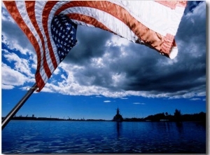 American Flag and Uss Missouri at Pearl Harbour, USA