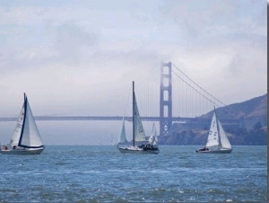 Sailing Boats with the Golden Gate Bridge and Summer Fog in Background, San Francisco, California