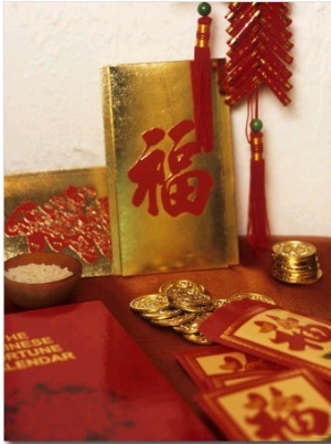 Chinese Good Luck Symbols for New Year (Gold Coins & Rice)