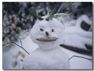 A Smiling Snowman with Twig Arms