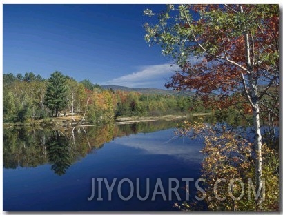 A Lake Surrounded by Trees Displaying the Colors of Autumn