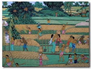 Painting of People Harvesting in Rice Fields, Neka Museum, Ubud, Island of Bali, Indonesia