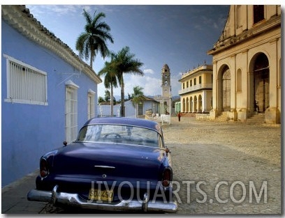 View Across Plaza Mayor with Old American Car Parked on Cobbles, Trinidad, Cuba, West Indies