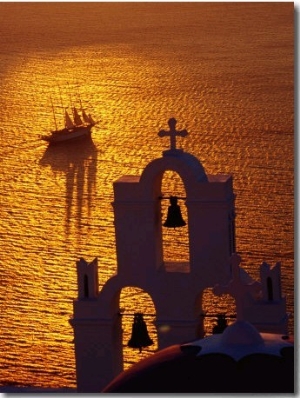 Sailing Ship and Church Bells at Sunset, Greece