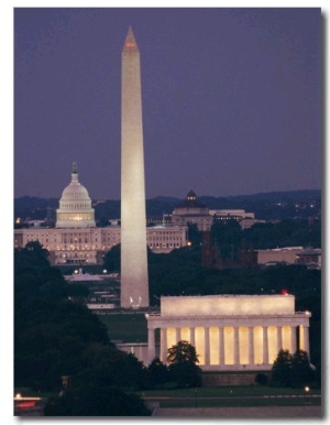 A Night View of the Lincoln Memorial, Washington Monument, and Capitol Building