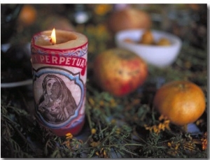 Altar Offering Decorated with Flowers, Fruit and a Candle for Day of the Dead, Oaxaca, Mexico