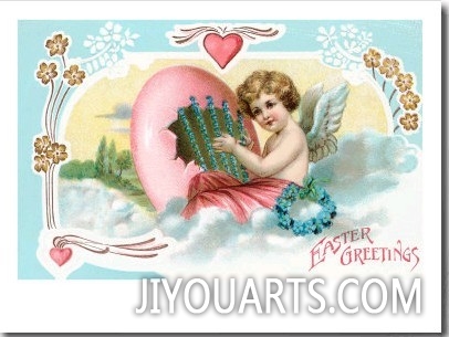 Easter Greetings, Cherub with Egg Harp