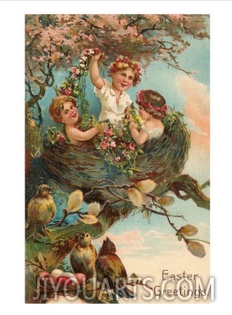 Easter Greetings, Children in Nest