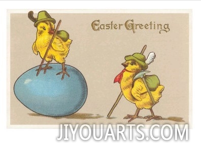 Easter Greetings, Hiking Chicks with Egg