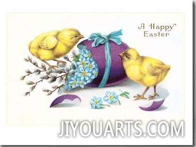 Happy Easter, Chicks with Purple Egg