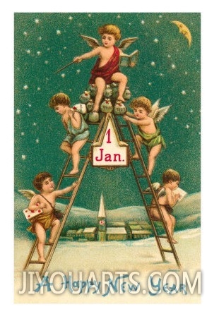 Happy New Year, Cherubs on Ladder