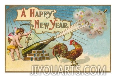 Happy New Year, Rooster and Champagne Bottle