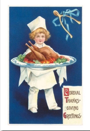 Greetings, Boy Chef with Cooked Turkey