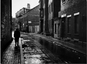 Rain Slicked Street Scene in Poor Section of City in Eastern US