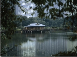 View across a Seawater Pond and a Teahouse in Hamarikyu Gardens