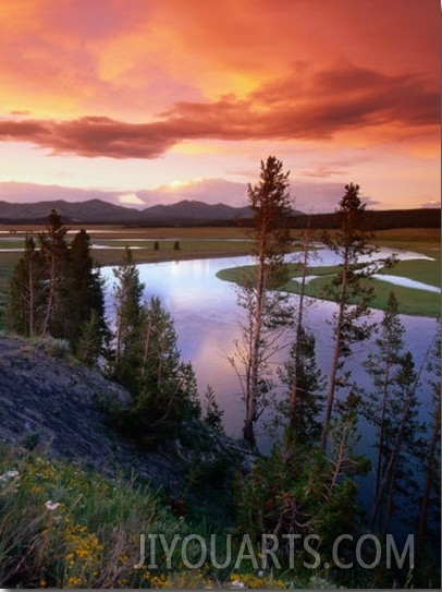 Yellowstone River Meandering Through Hayden Valley at Sunset, Yellowstone National Park, USA