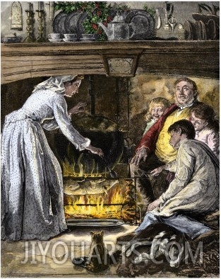 Family Waiting for Roast Pig and a Pot of Food Cooking for Christmas Dinner