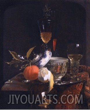 Still Life with Chinese Sugar Jar, Glass Goblet and Fruit