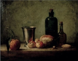 Still Life with Silver Beaker, Fruit and Bottles on a Table