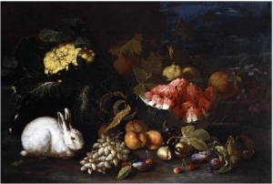 Vegetables and Fruit with Rabbits in a Landscape