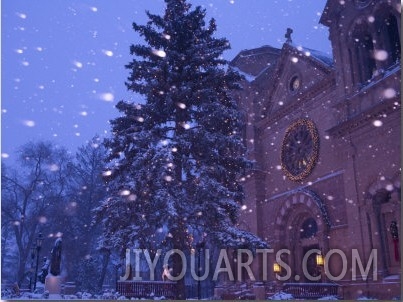 Snow Falls on a City Scene, Santa Fe, New Mexico, USA