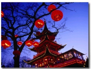 Chinese Pagoda and Tree Lanterns in Tivoli Park, Copenhagen, Denmark