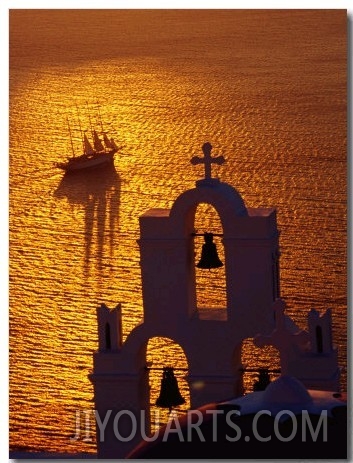 Sailing Ship and Church Bells at Sunset, Greece