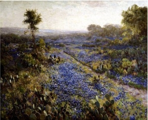 Field of Texas Bluebonnets and Prickly Pear Cacti