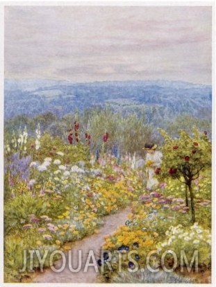 Kentish Garden, a Woman Picks Flowers from Large Herbaceous Borders in a Typical English Garden