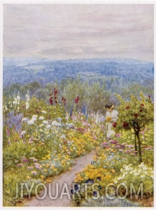 Kentish Garden, a Woman Picks Flowers from Large Herbaceous Borders in a Typical English Garden