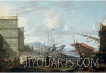 Capriccio of Mediterranean Harbour with Orientals and other Figures Conversing on Quay, 1657