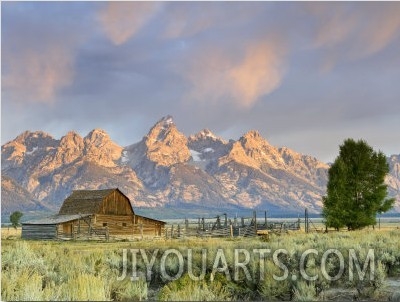 Historic Barn, Mormon Row and Teton Mountain Range, Grand Teton National Park, Wyoming, USA