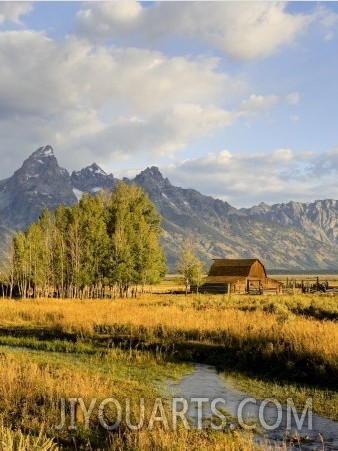 Historic Barn, Mormon Row and Teton Mountain Range, Grand Teton National Park, Wyoming, USA