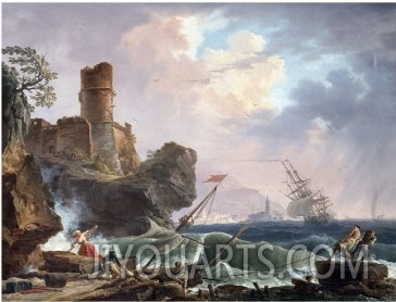 Sailors Salvaging a Wreck on a Mediterranean Coast with Sailing Vessels in a Choppy Sea, 1754