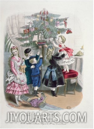 Decorating the Christmas Tree, Advertisment La Toilette Des Enfants, Engraved Derfermeville, 1872