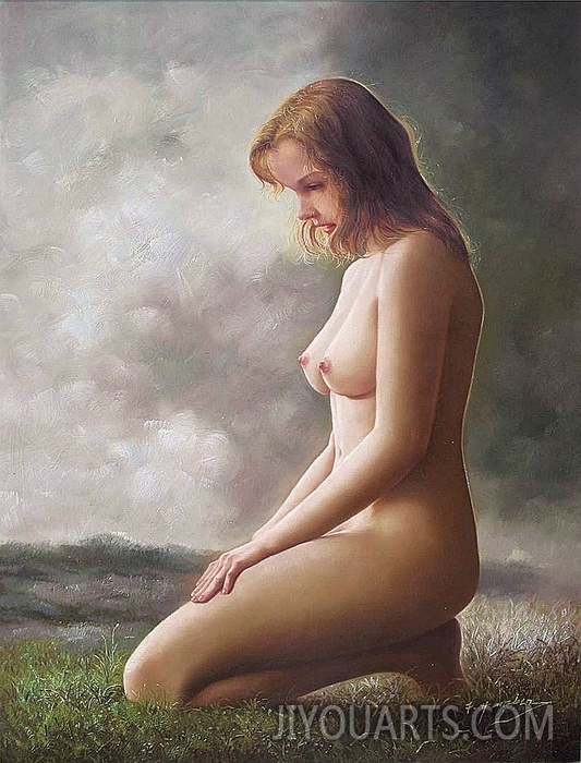 Nude Oil Painting 100% Handmade Museum Quality 0013,a nude woman kneeling on the grass