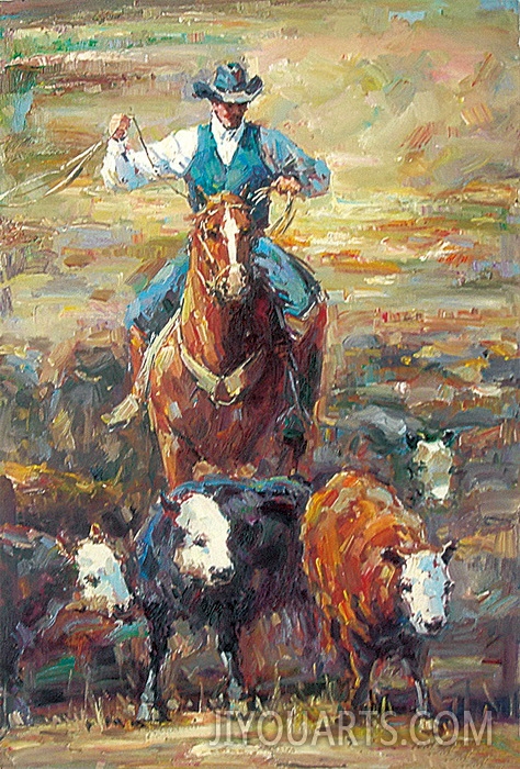 People Oil Painting 100% Handmade Museum Quality 0049,a cowboys pasturing