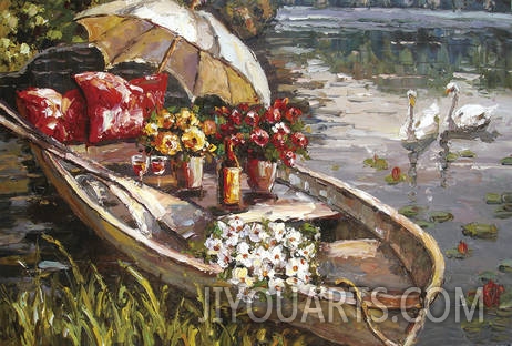 Landscape Oil Painting 100% Handmade Museum Quality0104,boat with flowers on it