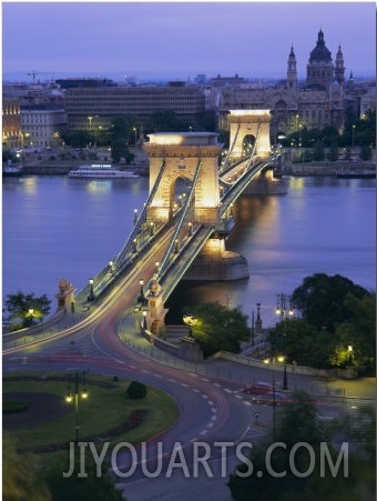 Chain Bridge Over the River Danube and St. Stephens Basilica, Budapest, Hungary, Europe