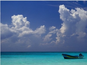 Boat Moored off Beach,Quitana Roo, Mexico