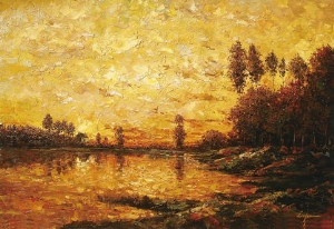 Landscape Oil Painting 100% Handmade Museum Quality0123,abstract oil painting of lake scene at the sunset