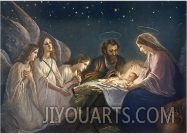 Joseph and Mary Admiring Their Son are Joined by a Trio of Angels Who are No Less Impressed